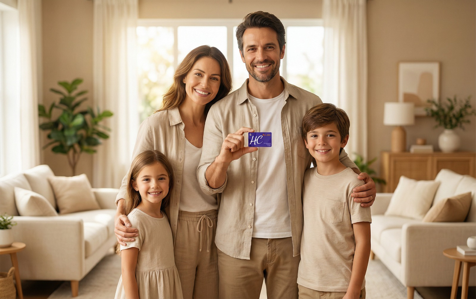 Família segurando o Cartão HC+Saúde.